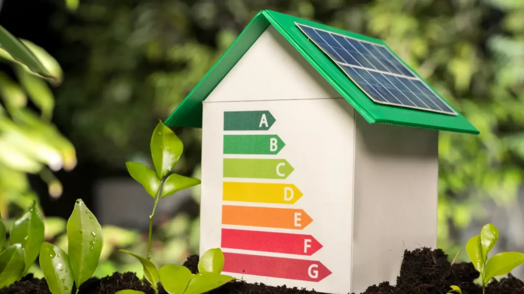 Maquette de maison avec étiquette DPE classes A à G et panneau solaire sur le toit