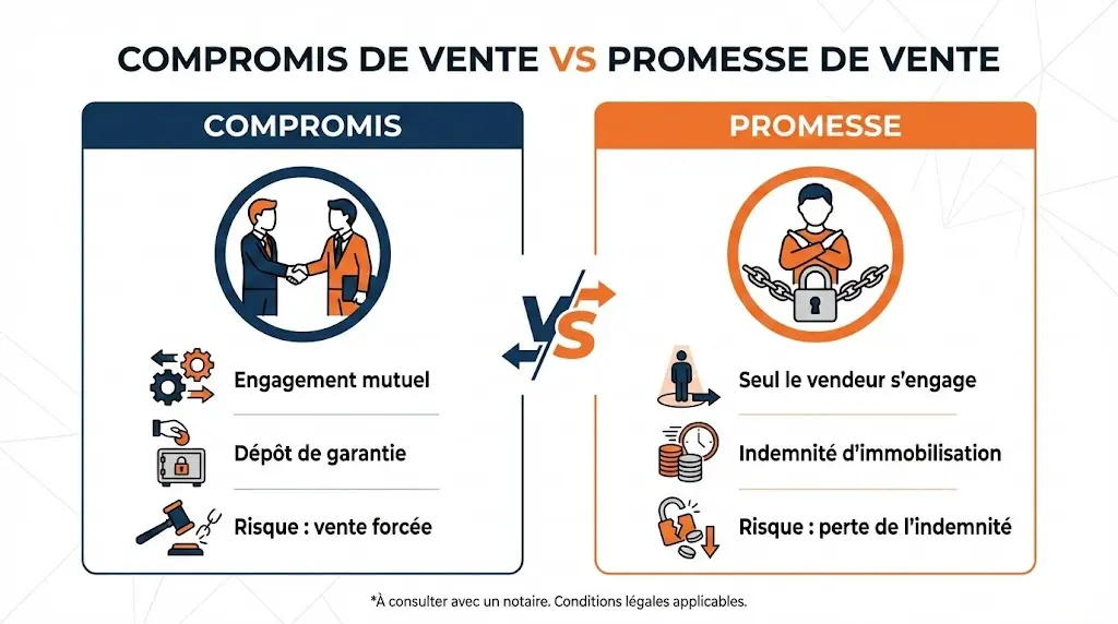 Comparatif compromis de vente vs promesse de vente : différences juridiques, engagement des parties, dépôt de garantie et risques en 2026