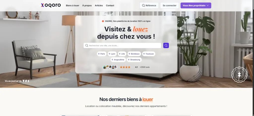 Page d’accueil du site Oqoro présentant la plateforme de location en ligne, recherche de logements par ville et informations sur la gestion locative en 2026.